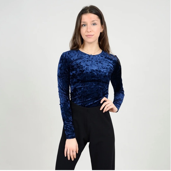 SECOND SKIN BY RD STYLE WOMEN'S ROXI LONG SLEEVE VELVET BODYSUIT-NAVY - Picture 1 of 6